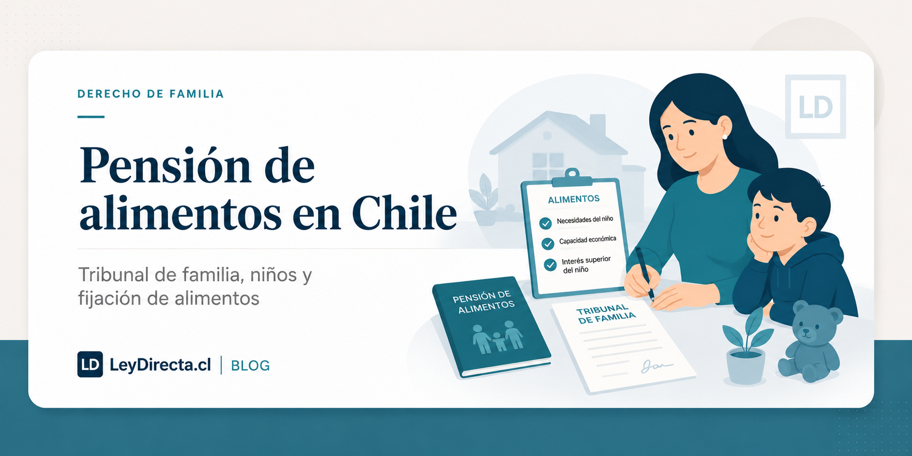 Ilustración jurídica sobre pensión de alimentos en Chile, tribunal de familia, niños, familia y fijación de alimentos