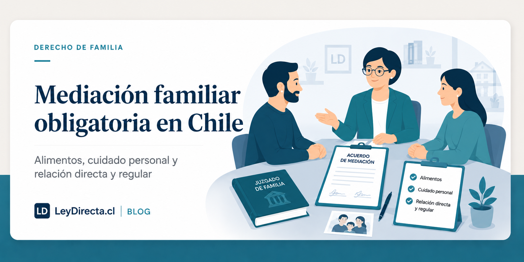 Ilustración jurídica sobre mediación familiar obligatoria en Chile, alimentos, cuidado personal y relación directa y regular