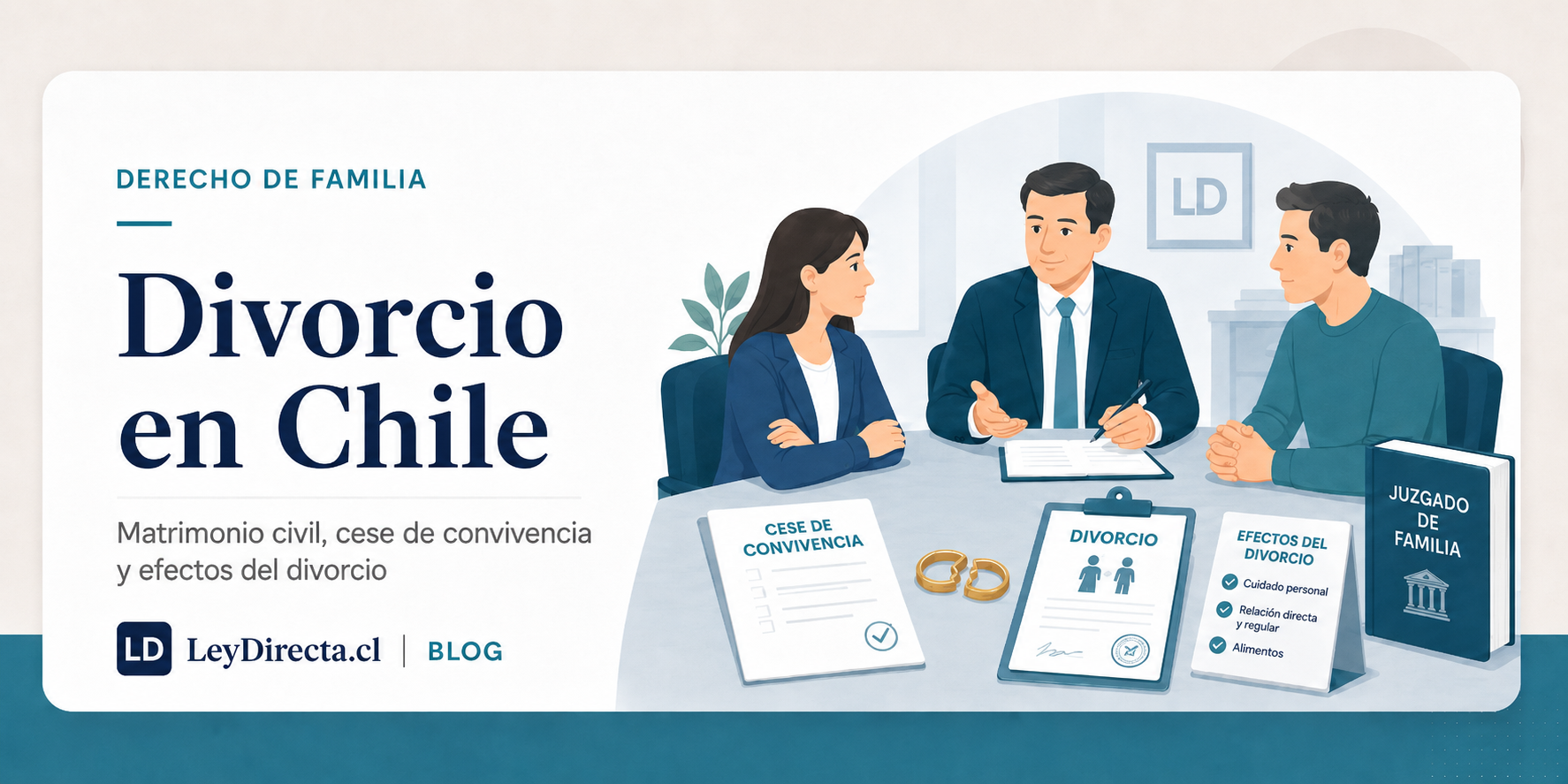 Ilustración jurídica sobre divorcio en Chile, matrimonio civil, tribunal de familia, cese de convivencia y efectos del divorcio