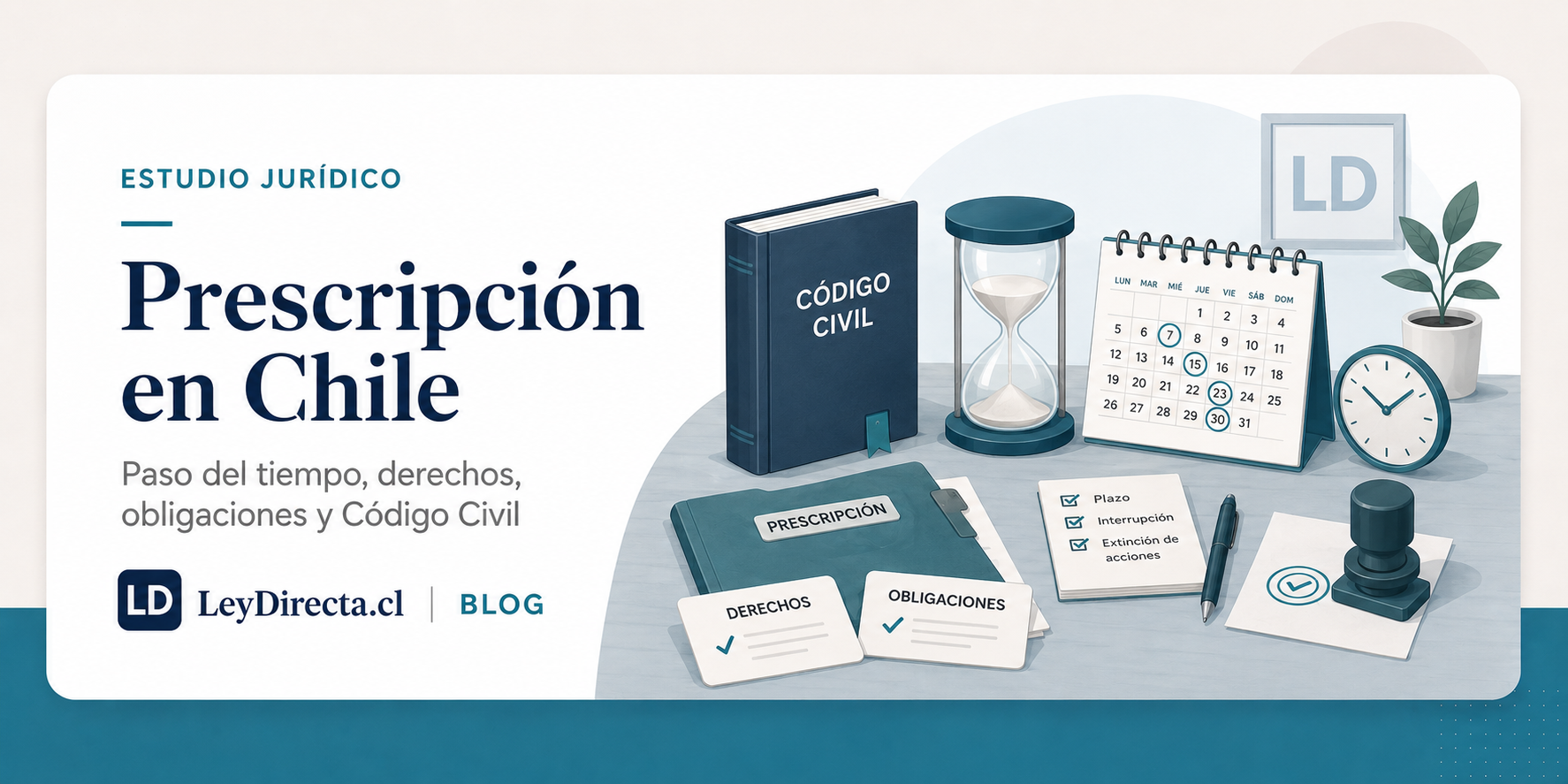 Ilustración jurídica sobre prescripción en Chile, paso del tiempo, derechos, obligaciones y Código Civil