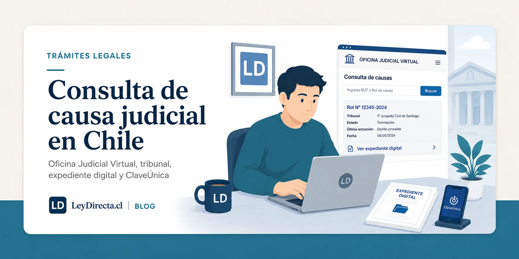 Ilustración jurídica sobre consulta de causa judicial en Chile, Oficina Judicial Virtual, tribunal, expediente digital y ClaveÚnica