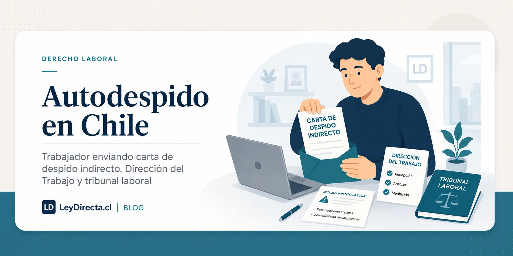 Ilustración jurídica sobre autodespido en Chile, trabajador enviando carta de despido indirecto, empleador incumplidor, Dirección del Trabajo y tribunal laboral