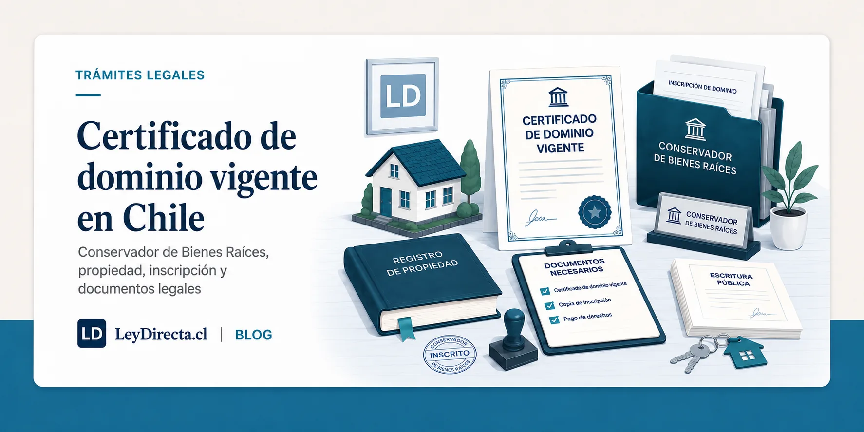 Ilustración jurídica sobre certificado de dominio vigente en Chile, Conservador de Bienes Raíces, propiedad, inscripción y documentos legales