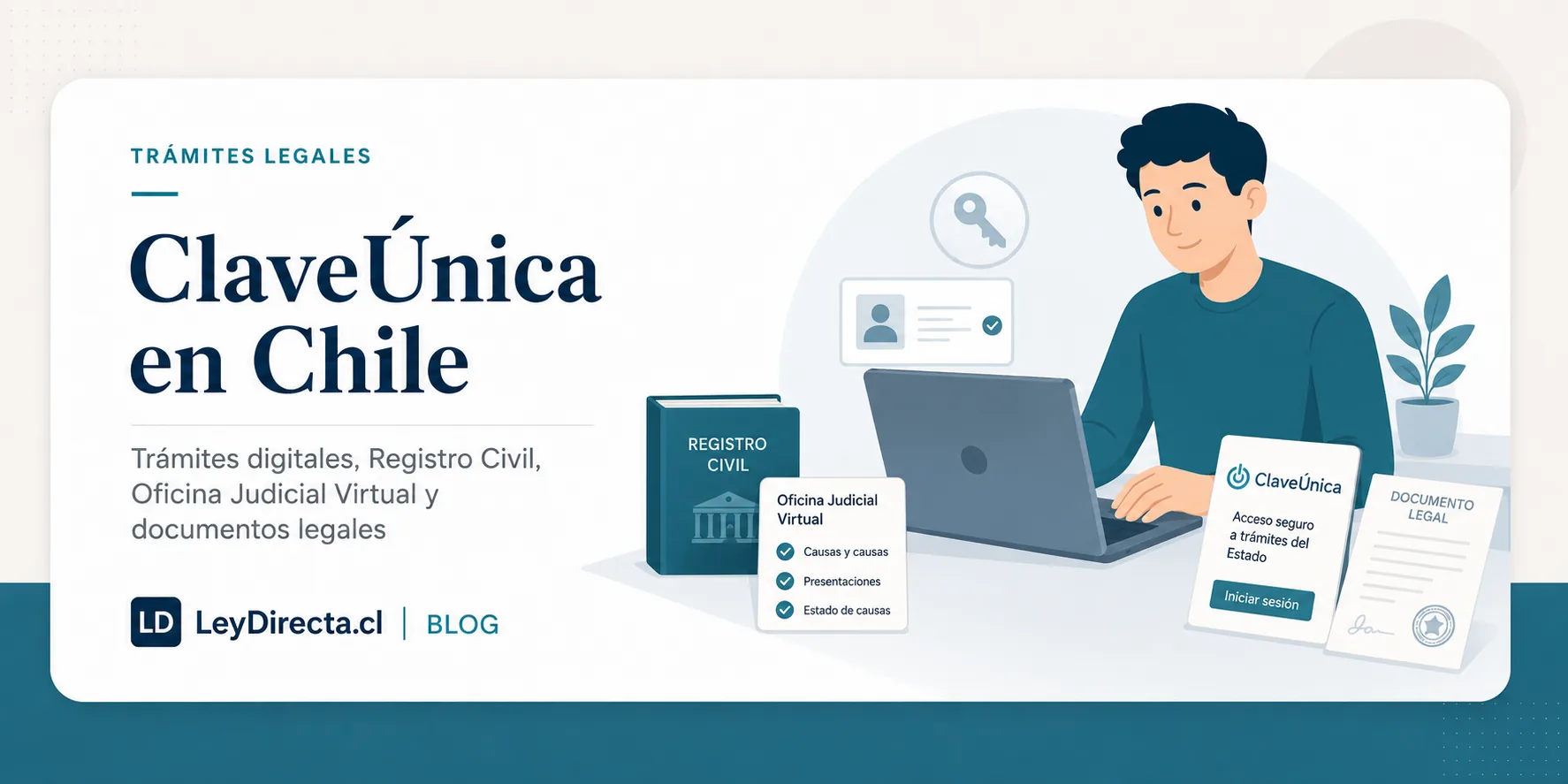 Ilustración jurídica sobre ClaveÚnica en Chile, trámites digitales, Registro Civil, Oficina Judicial Virtual y documentos legales