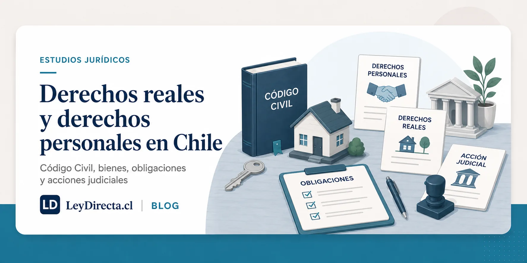 Ilustración jurídica sobre derechos reales y derechos personales en Chile, Código Civil, bienes, obligaciones y acciones judiciales