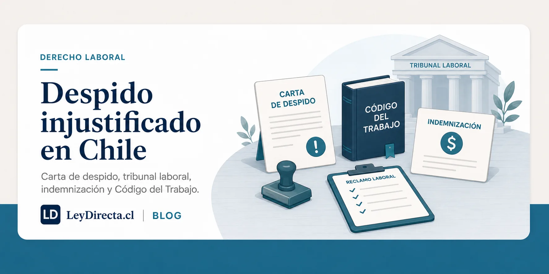 Ilustración jurídica sobre despido injustificado en Chile, carta de despido, tribunal laboral, indemnización y Código del Trabajo