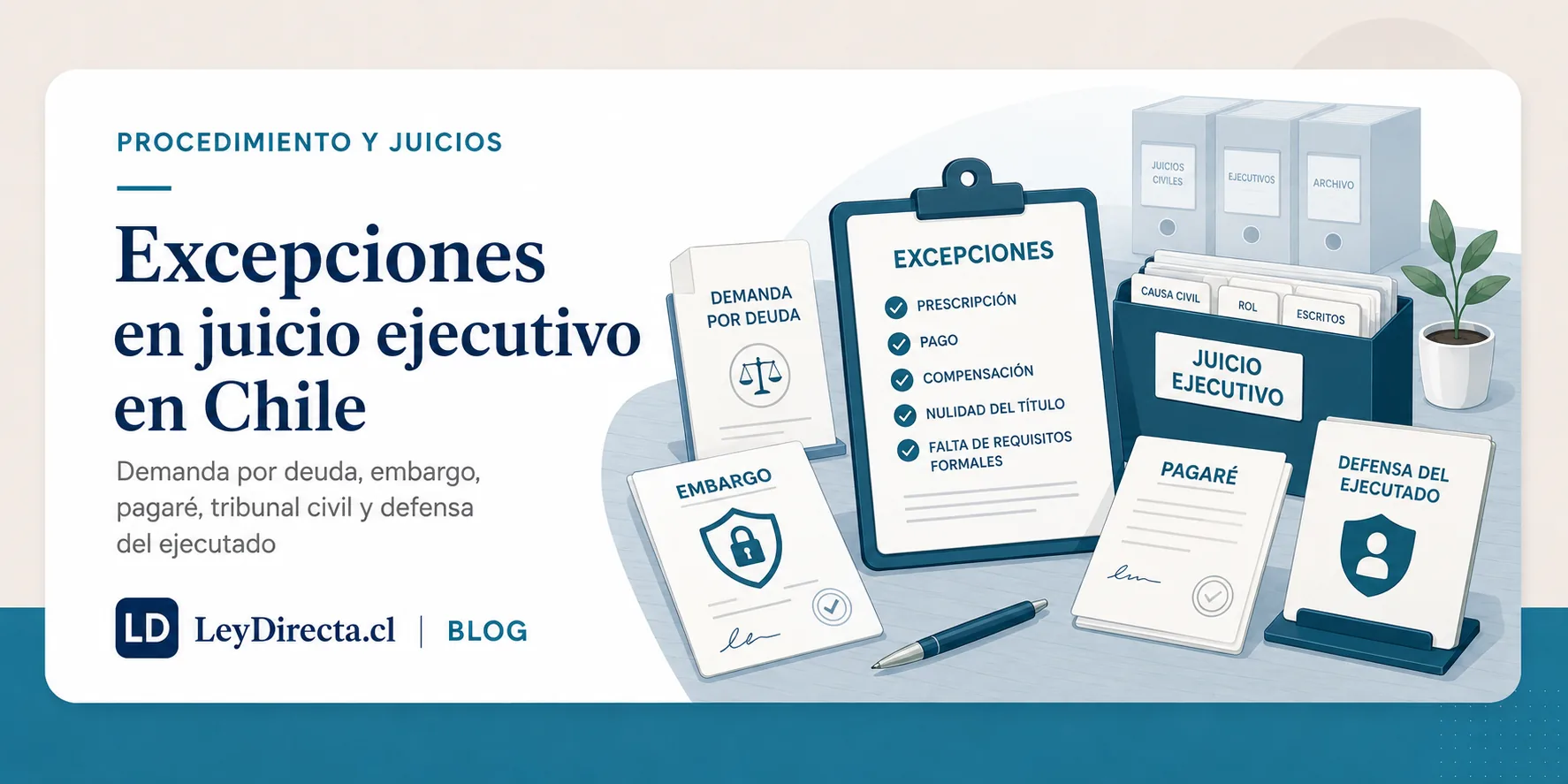 Ilustración jurídica sobre excepciones en juicio ejecutivo en Chile, demanda por deuda, embargo, pagaré, tribunal civil y defensa del ejecutado
