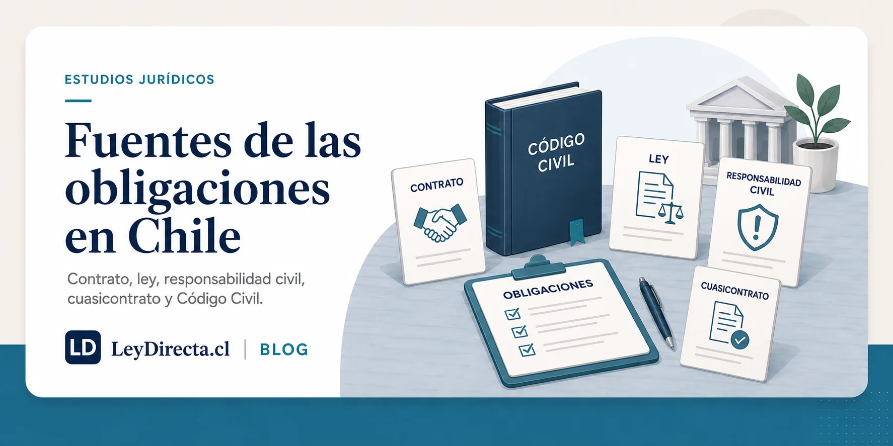 Ilustración jurídica sobre fuentes de las obligaciones en Chile, contrato, ley, responsabilidad civil, cuasicontrato y Código Civil