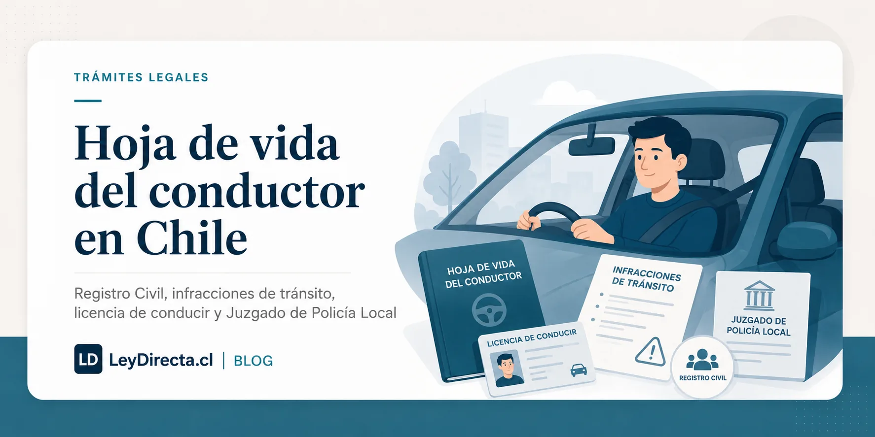 Ilustración jurídica sobre hoja de vida del conductor en Chile, Registro Civil, infracciones de tránsito, licencia de conducir y Juzgado de Policía Local