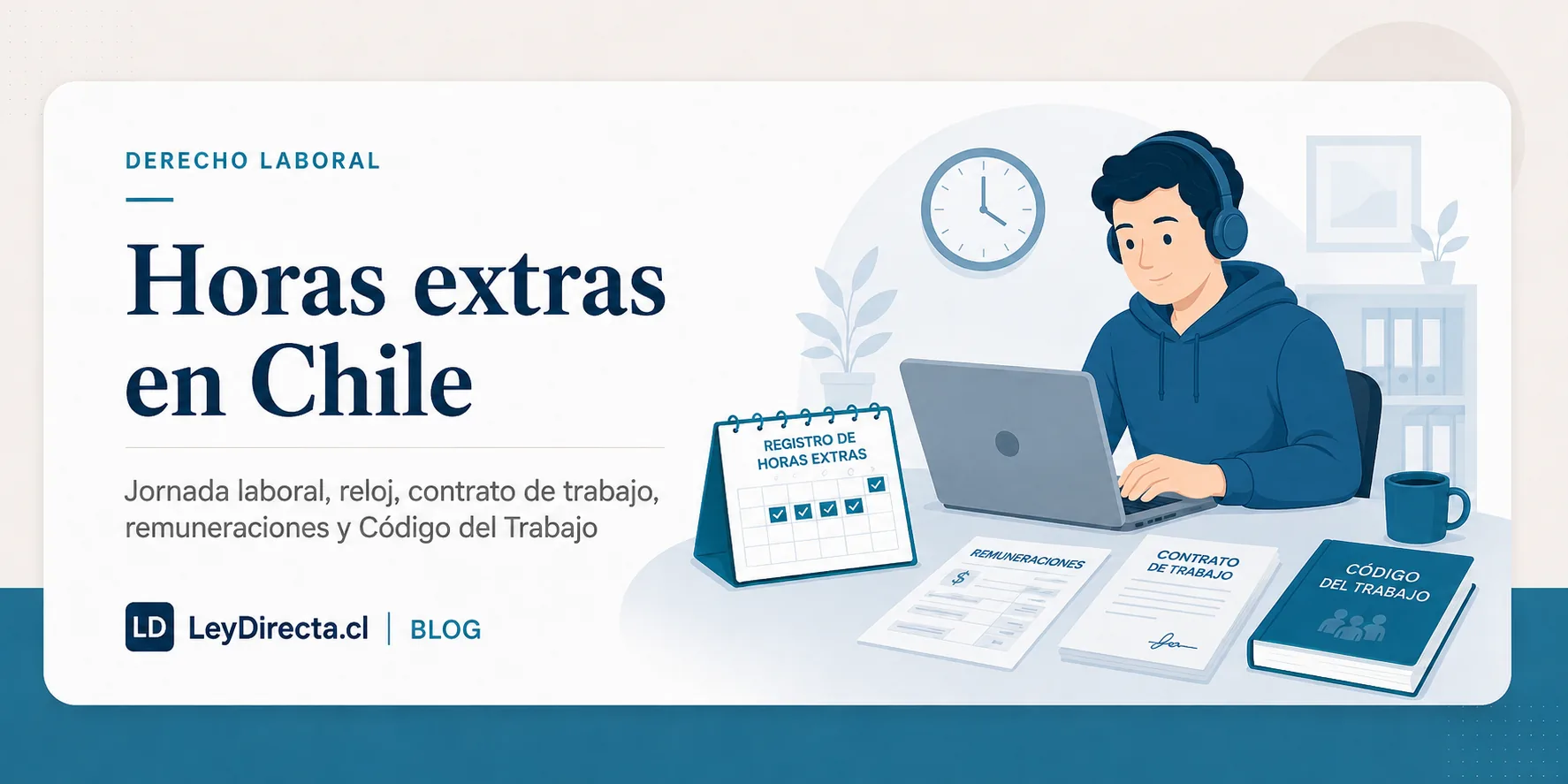 Ilustración jurídica sobre horas extras en Chile, jornada laboral, reloj, contrato de trabajo, remuneraciones y Código del Trabajo