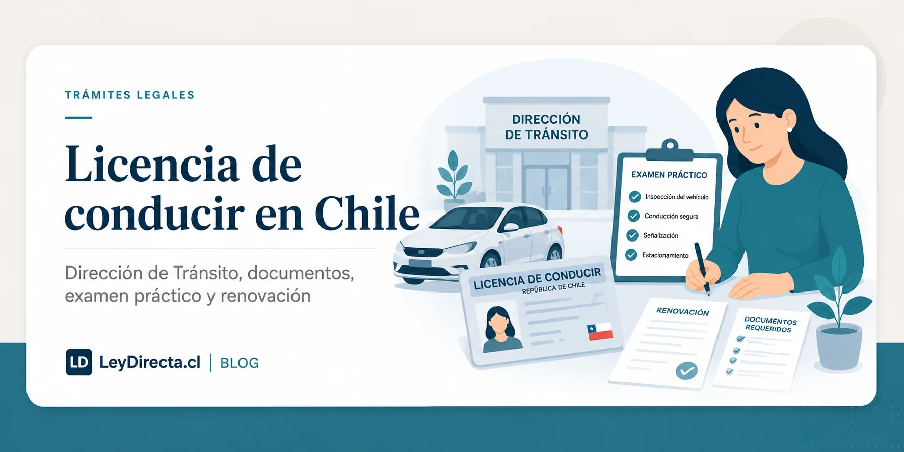 Ilustración jurídica sobre licencia de conducir en Chile, Dirección de Tránsito, documentos, examen práctico y renovación