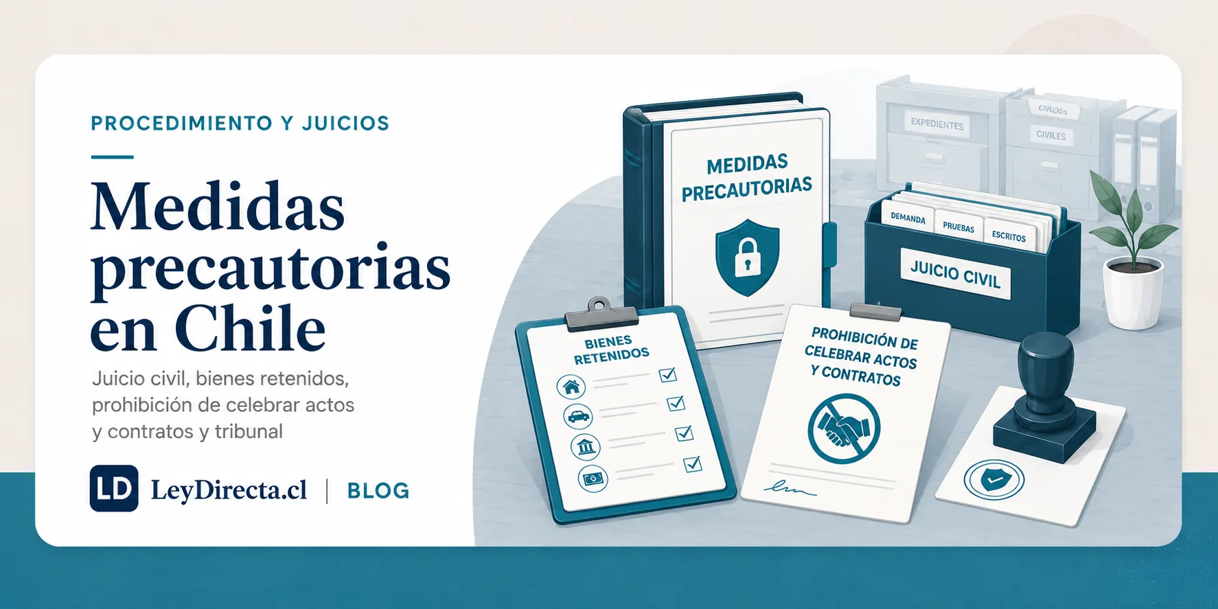Ilustración jurídica sobre medidas precautorias en Chile, juicio civil, bienes retenidos, prohibición de celebrar actos y contratos y tribunal