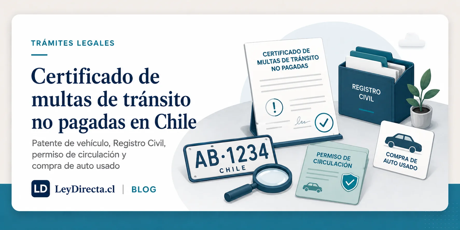 Ilustración jurídica sobre certificado de multas de tránsito no pagadas en Chile, patente de vehículo, Registro Civil, permiso de circulación y compra de auto usado