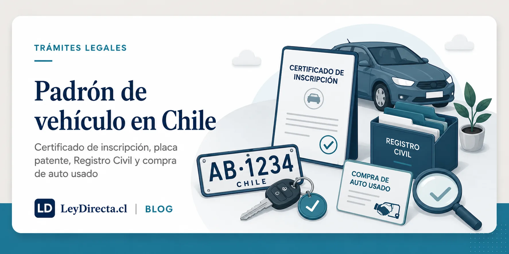 Ilustración jurídica sobre padrón de vehículo en Chile, certificado de inscripción, placa patente, Registro Civil y compra de auto usado