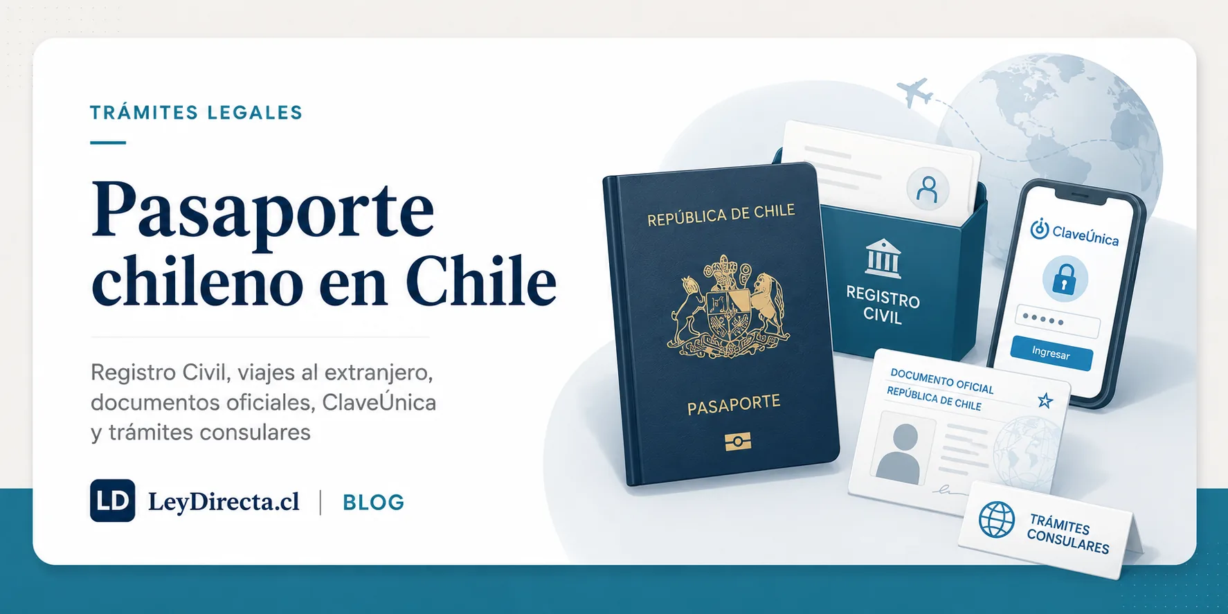 Ilustración jurídica sobre pasaporte chileno, Registro Civil, viajes al extranjero, documentos oficiales, ClaveÚnica y trámites consulares
