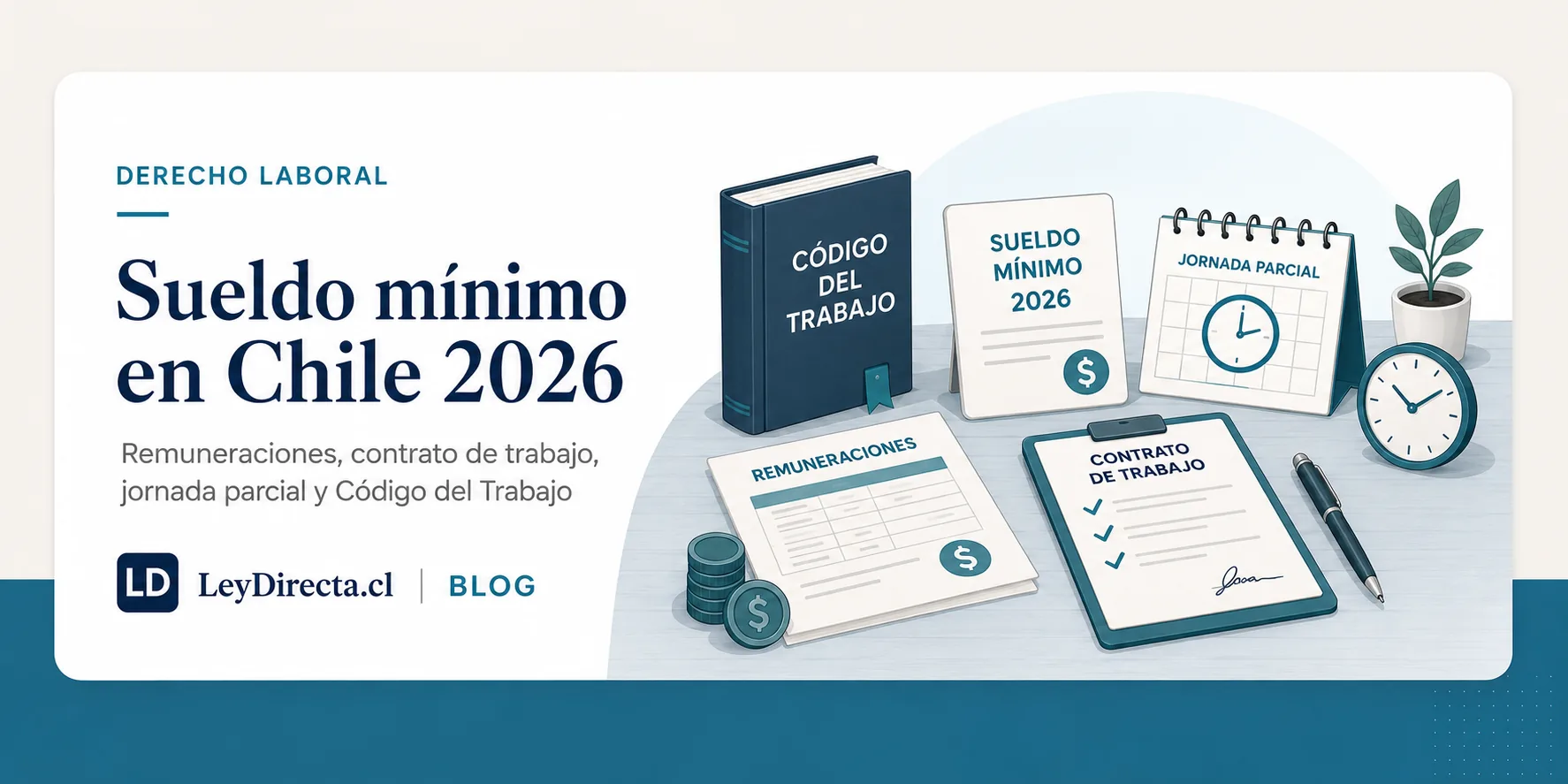 Ilustración jurídica sobre sueldo mínimo en Chile 2026, remuneraciones, contrato de trabajo, jornada parcial y Código del Trabajo