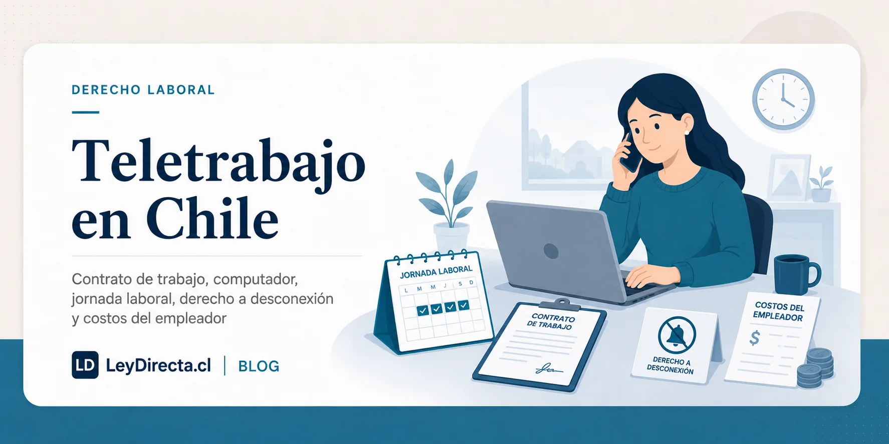 Ilustración jurídica sobre teletrabajo en Chile, contrato de trabajo, computador, jornada laboral, derecho a desconexión y costos del empleador