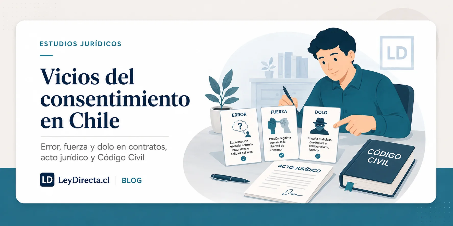 Ilustración jurídica sobre vicios del consentimiento en Chile, error, fuerza y dolo en contratos, acto jurídico y Código Civil