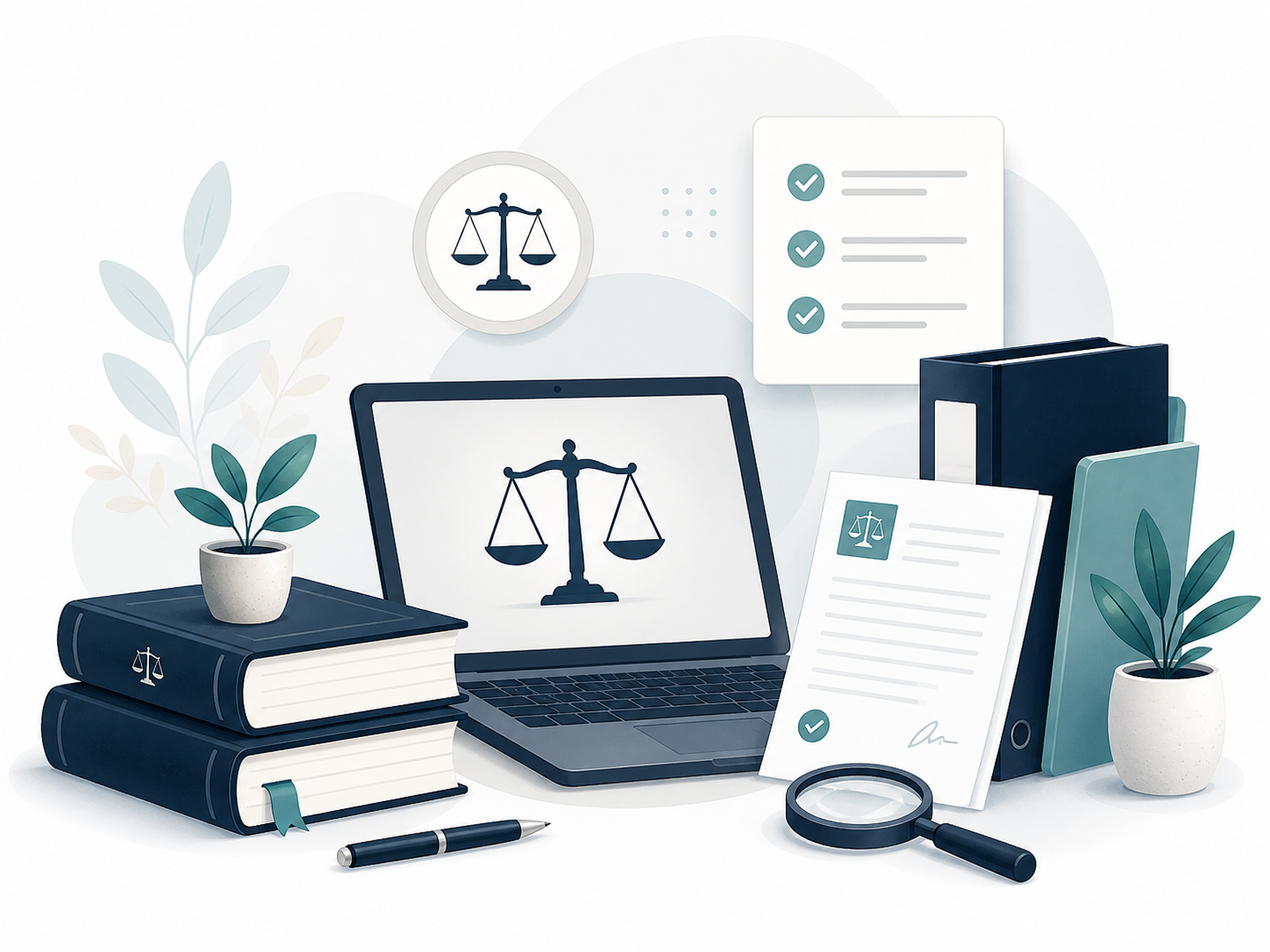 Ilustración jurídica de Ley Directa con libros, documentos y símbolos legales