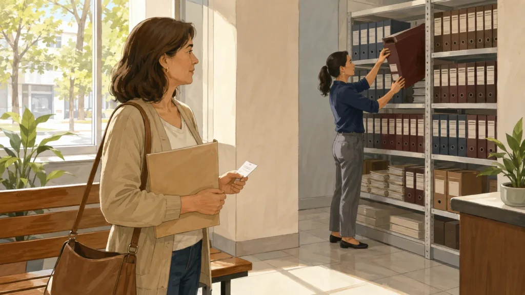 Mujer esperando en una sala de archivos mientras una funcionaria busca una copia de escritura pública en Chile