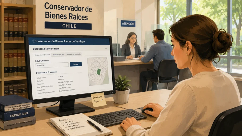 Mujer revisando antecedentes de una propiedad en el Conservador de Bienes Raíces desde un computador