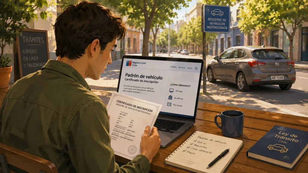 Hombre revisando antecedentes del padrón de un vehículo junto a un automóvil estacionado en Chile