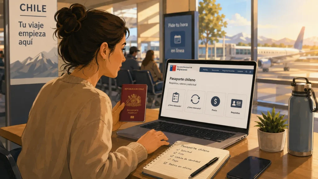 Mujer revisando información para obtener o renovar su pasaporte chileno antes de un viaje