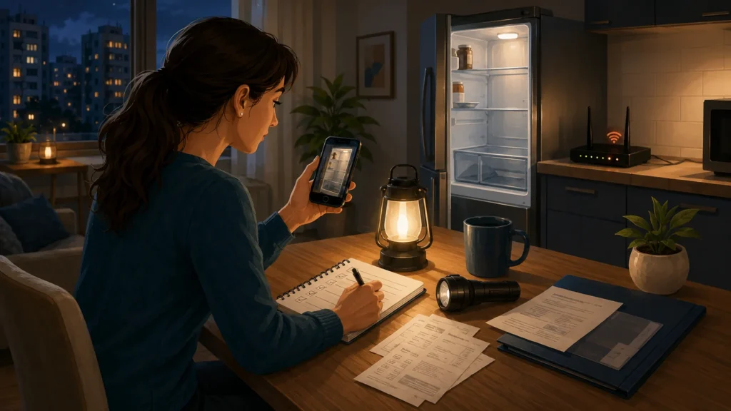 Persona registrando pruebas para reclamar por un corte de luz y daños en electrodomésticos.